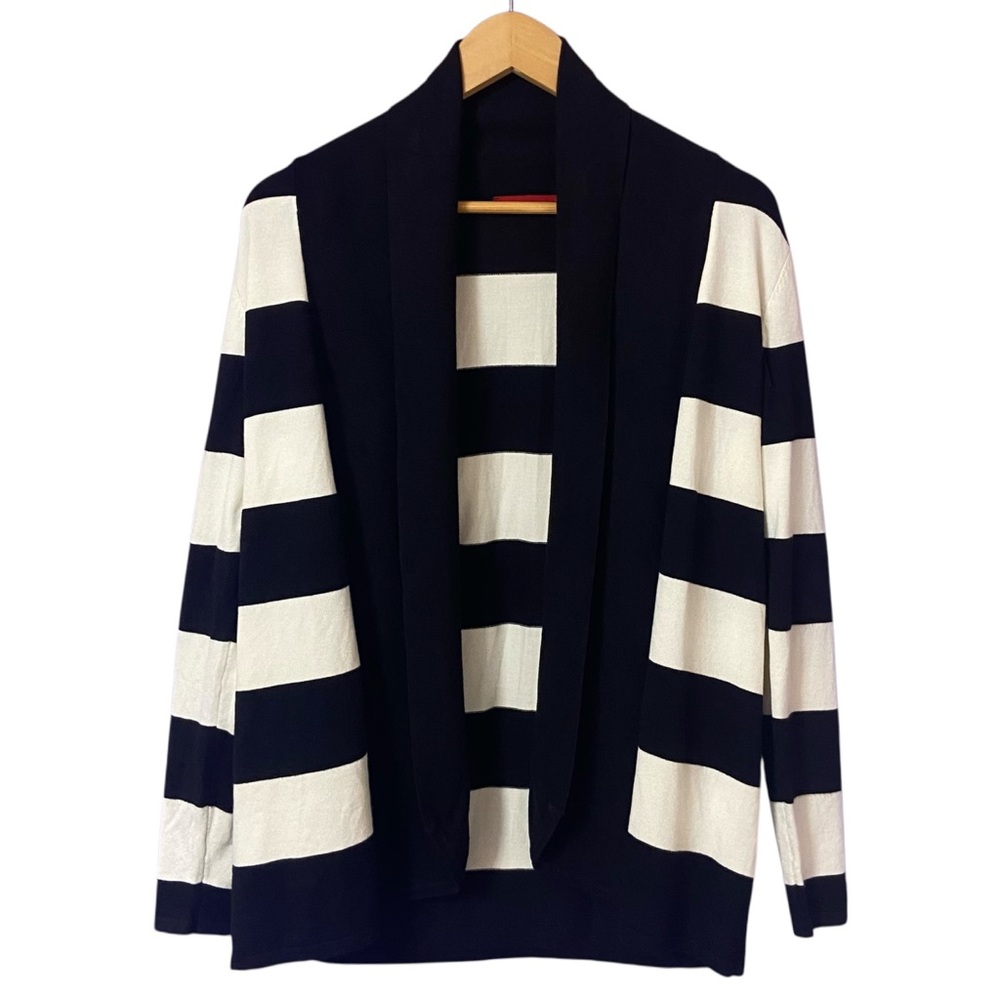 Striped Black and White Open Front Women’s Medium Long Sleeve Cardigan Sweater